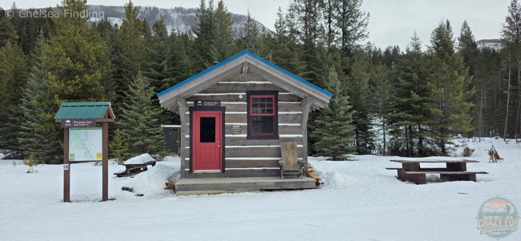 Warm-up huts along a the cross-country skiing trail in a mountain landscape at Nipika Mountain Resort.