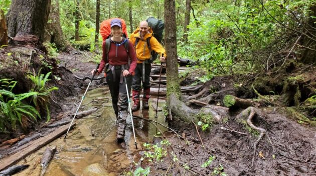 Two backpackers hiking through the forest on the West Coast Trail with backpacks, following a backpacking gear list for a multi-day adventure.