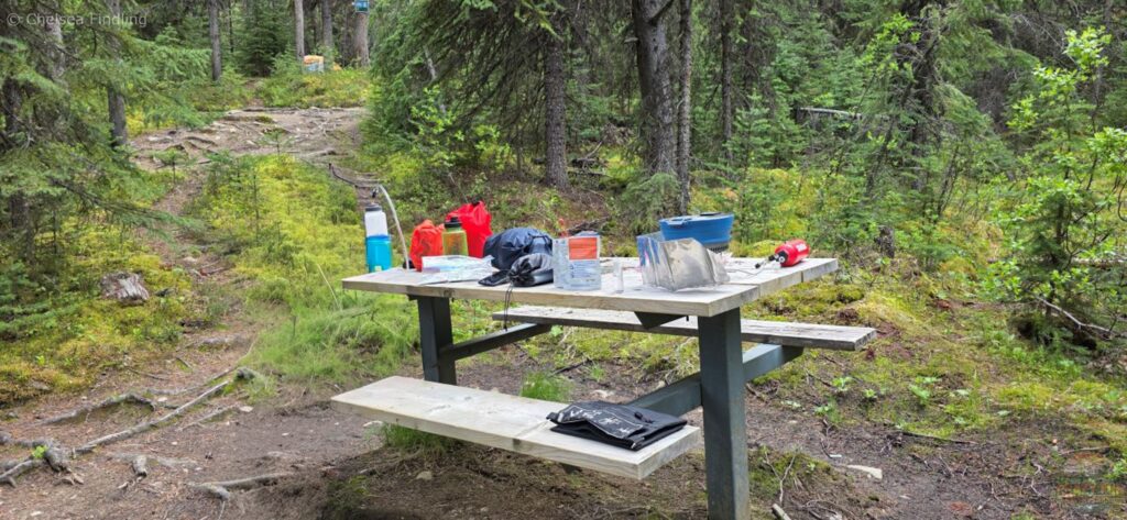Backpacking gear on a picnic table.
