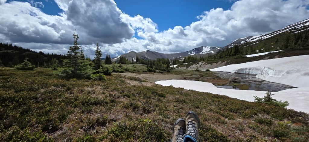 Hiker enjoying lunch in a meadow with mountain views under a blue sky on the Skyline Trail.
