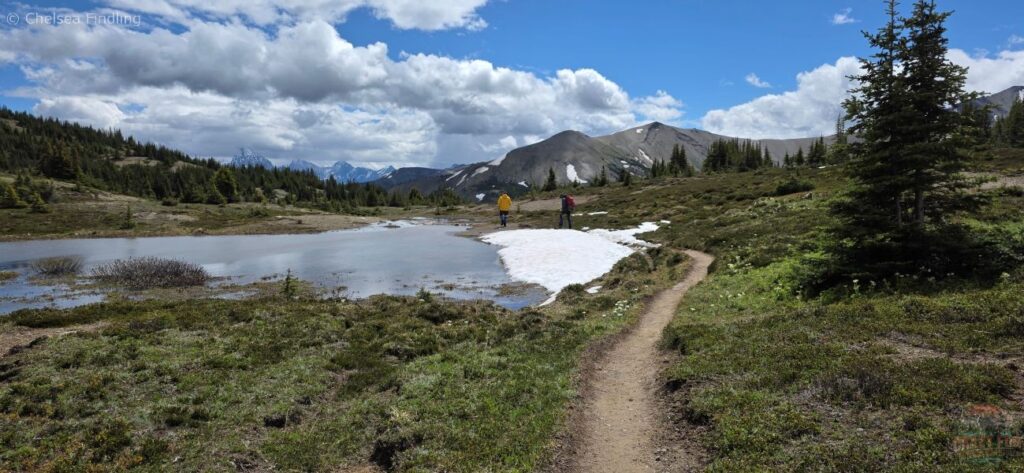 Two hikers on the trail with mountain views in the background
